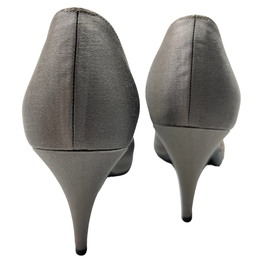CHANEL Crystal Embellished D'Orsay Pumps EU 39.5 US 9.5 Dark Gray Satin Heels - Picture 5 of 15